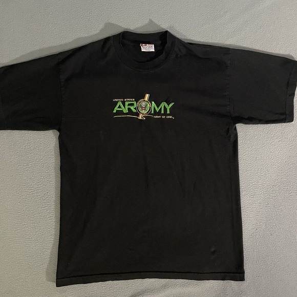 Vintage Stitched Embroidered T Shirt XL 90s‎ USA Made Army Military Black Tee - Picture 1 of 5